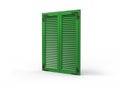 Window with green venetian shutters.