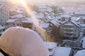 Window of home covered with big snow layer in winter, view from inside, close up. Detail of snowdrift, snow texture. Royalty Free Stock Photo