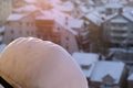 Window of home covered with big snow layer in winter, view from inside, close up. Detail of snowdrift, snow texture. Royalty Free Stock Photo