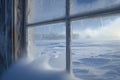 A window with ice hanging off its sides is captured on a clear winter day against a backdrop of a bright blue sky, A frosted