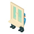 Window installation icon isometric vector. Worker carry window for installation