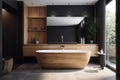 modern luxury interior wood furniture bathroom home black design bathtub elegant. Generative AI. Royalty Free Stock Photo