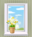 Window in interior, spring, flower pot with flowers daisy and dandelions on windowsill. Vector illustration realistic