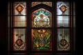 window with intricate design, including stained glass and leaded glass