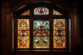 window with intricate design, including stained glass and leaded glass