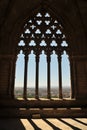 Window of La Seu Vella The Old Cathedral with view of Lleida Lerida city in Catalonia, Spain, architectural details