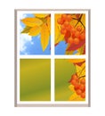 Window with a landscape autumn view, branch of rowan. Fall. Illustration over white background.