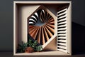 window with louver design featuring a mix of geometric and natural shapes