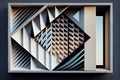 window with louver design featuring a mix of geometric and natural shapes