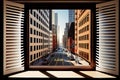 window louver with view of bustling city street at rush hour