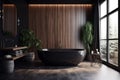 black bathroom home luxury modern design wood furniture white bathtub interior. Generative AI.