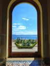 window of the Miramare Castle in Trieste overlooking the sea