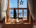 Window in a mountain hut overlooking a mountain range, decorated for Christmas, Austria, Salzburg Royalty Free Stock Photo