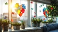 Window of office of psychotherapist working with kids with autism, decorated with hearts made of pieces of multicolored puzzles