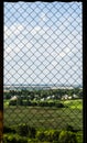 Window, old castle, trellis, view from the window, landscape from the window Royalty Free Stock Photo