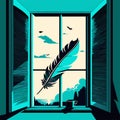 Window with an old feather and a cup of coffee. Vector illustration Generative AI Royalty Free Stock Photo