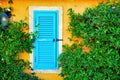 Window of an old house with closed blue wooden shutter and yellow stone wall covered with ivy Royalty Free Stock Photo