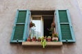 Window in an old house decorated with flower pots Royalty Free Stock Photo