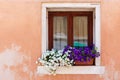 Window in an old house decorated with flower pots Royalty Free Stock Photo