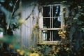 a window in an old house with vines growing around it Royalty Free Stock Photo