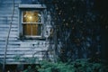 a window in an old house with vines growing around it