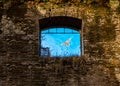 Window and white pigeon in flight Royalty Free Stock Photo