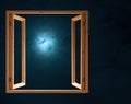 Window open dark night half moon light Royalty Free Stock Photo