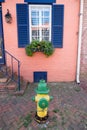 window with open shutters in a pink wall. And a fire hydrant on the sidewalk