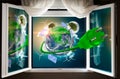Window open to a world with clean and renewable energy. 3D rendering. Renewable energies. Some Elements Of This Image Provided By Royalty Free Stock Photo