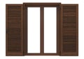 Window open with wood venetian shutters.