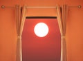 Window with orange curtains and have sunset view.