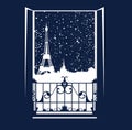 Window over Paris night scene with falling snow - open balcony door and winter city view vector design Royalty Free Stock Photo