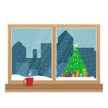 Window overlooking the Christmas tree under the snow. Royalty Free Stock Photo
