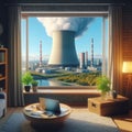 A window overlooking a nuclear power plant. Royalty Free Stock Photo