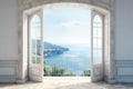 Window overlooking ocean or sea panoramic view. Generative AI Royalty Free Stock Photo