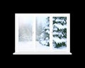 Window overlooking winter forest. Panorama to snowy trees from room windows Royalty Free Stock Photo