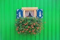 Window with painted shutters and flower box Royalty Free Stock Photo