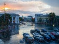 Window pane during a rain, blurred cityscape through the glass Royalty Free Stock Photo