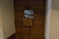 A window for passing food and observing prisoners in the door of a single cell in the Trubetskoy Bastion prison