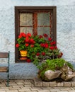 Window with pelargonium flowerbed, house exterior detail, Austria
