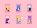 Window with people work character, vector illustration. Person office at cartoon home during coronavirus, woman man with