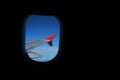 Window plane with wing and blue sky Royalty Free Stock Photo