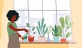 Window with plants. Cartoon woman watering houseplants. Female grows flowers on windowsill. Girl takes care of potted