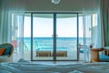 window with pool and sea background - view from bed Royalty Free Stock Photo