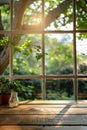 A window with a potted plant sitting on a wooden table Royalty Free Stock Photo