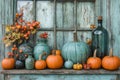 Through the window, pumpkins and fall colors can be seen on the empty table set up for Thanksgiving Royalty Free Stock Photo