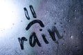 Window with raindrops. Stock photo inscription on wet glass