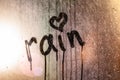 Window with raindrops. Stock photo inscription on wet glass