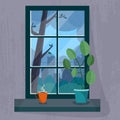 Window with a rainy city view. House plant and cup of tea or coffee on the windowsill. Royalty Free Stock Photo