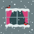 Window with red curtains on a snowy day. Bullfinches sitting on the window Winter background. Vector illustration Royalty Free Stock Photo
